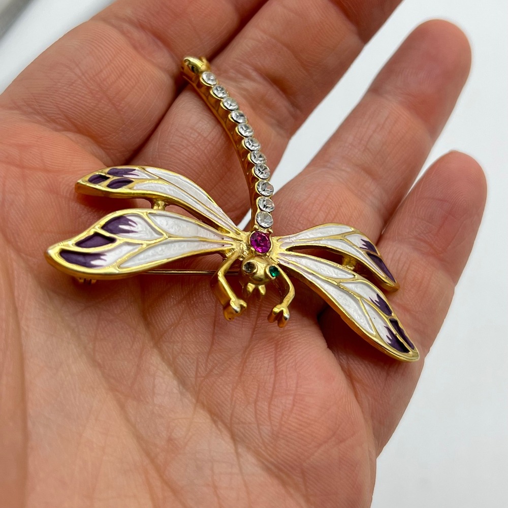 Dragonfly Brooch Pin Gold Tone Purple White Rhinestone Insect Jewelry